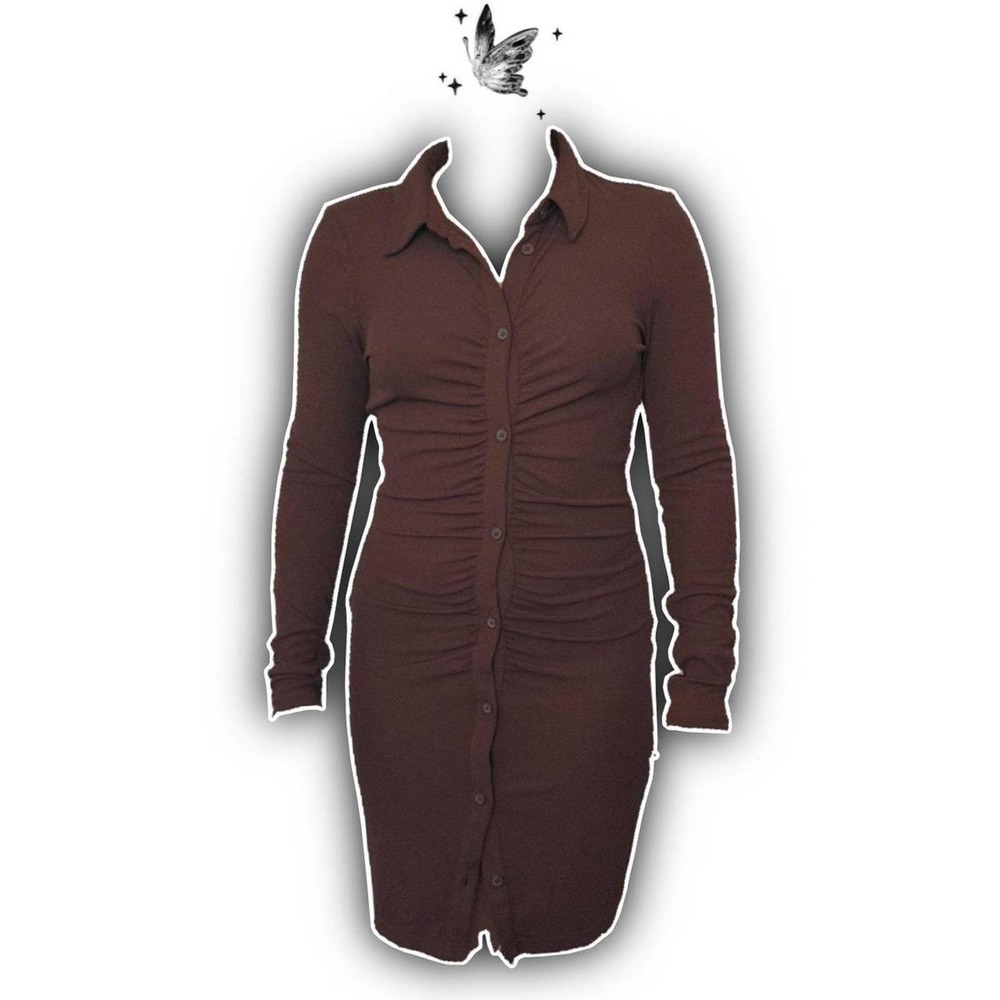 H m brown long sleeve ruched dress